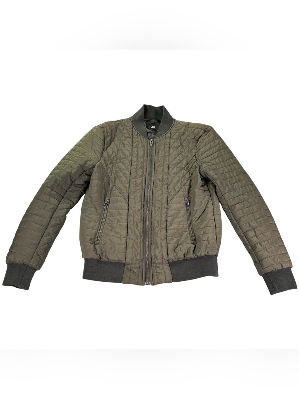 H&M Quilted Bomber Jacket Women’s M Olive Green Lightweight Moto Military Zip